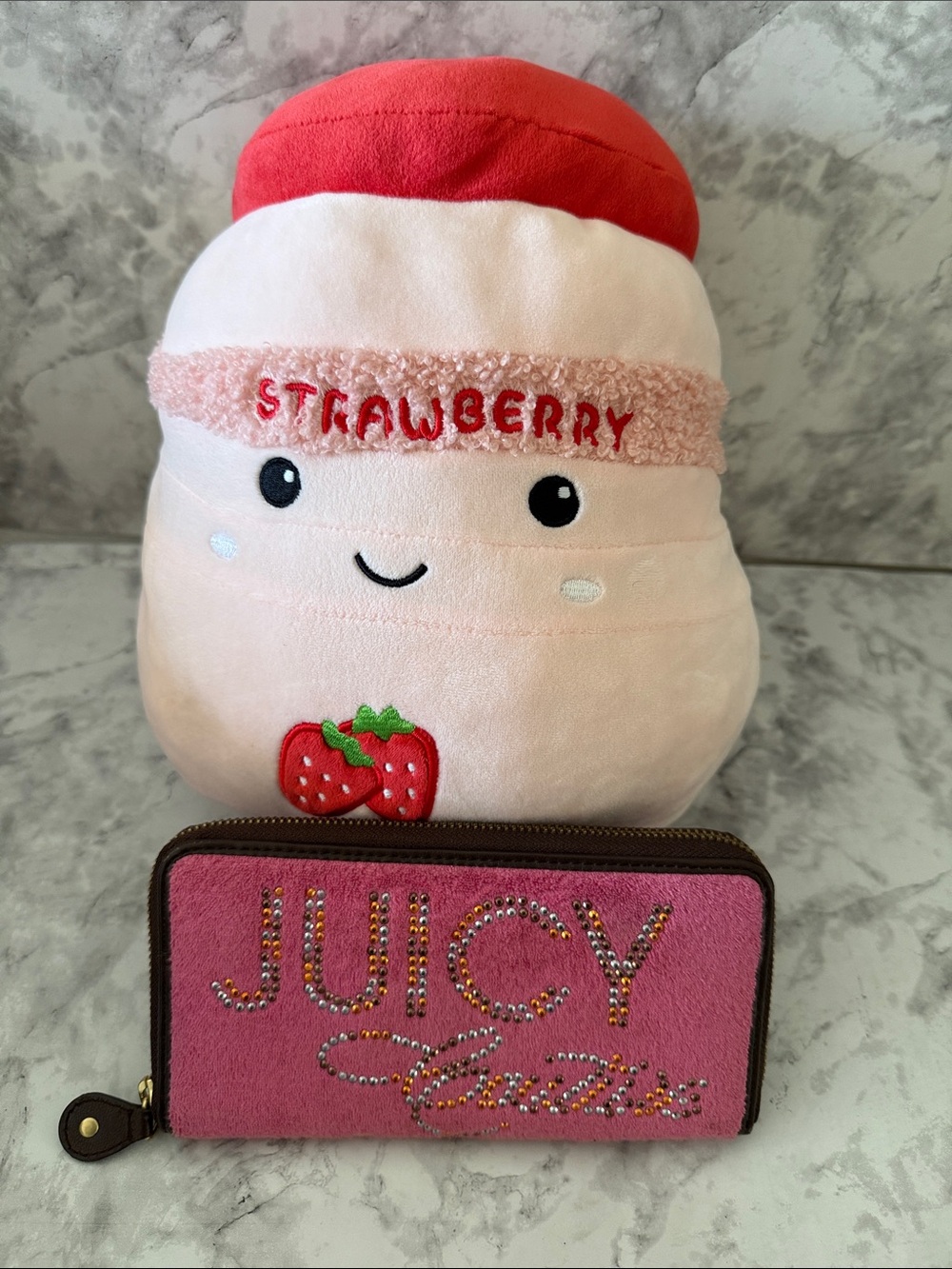 Vintage Juicy Couture Pink Rhinestone Logo Wallet with Pink Strawberry Plush